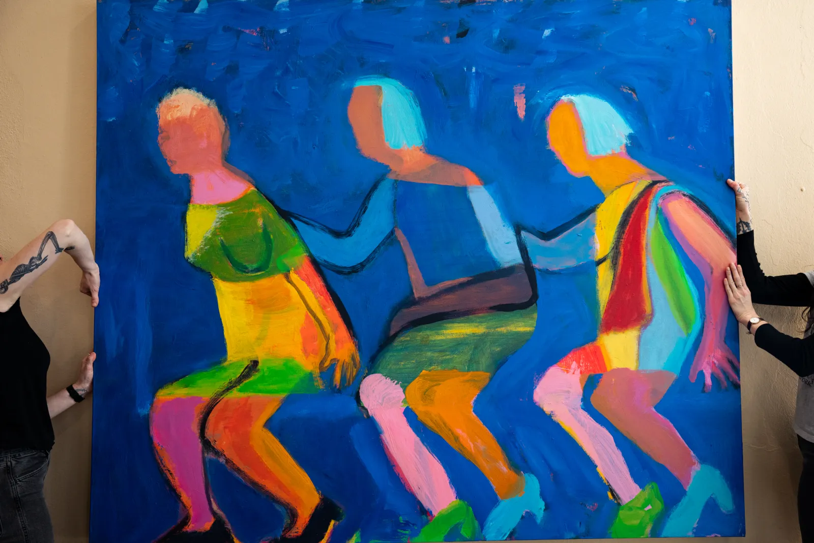 A painting by Katherine Bradford ’64 is installed in the Campus Center.