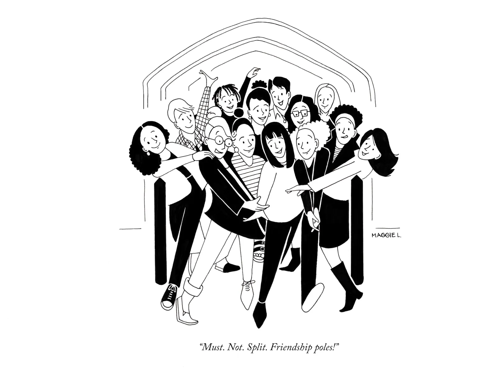A group of students try to squeeze between the friendship poles in a cartoon by Maggie Larson