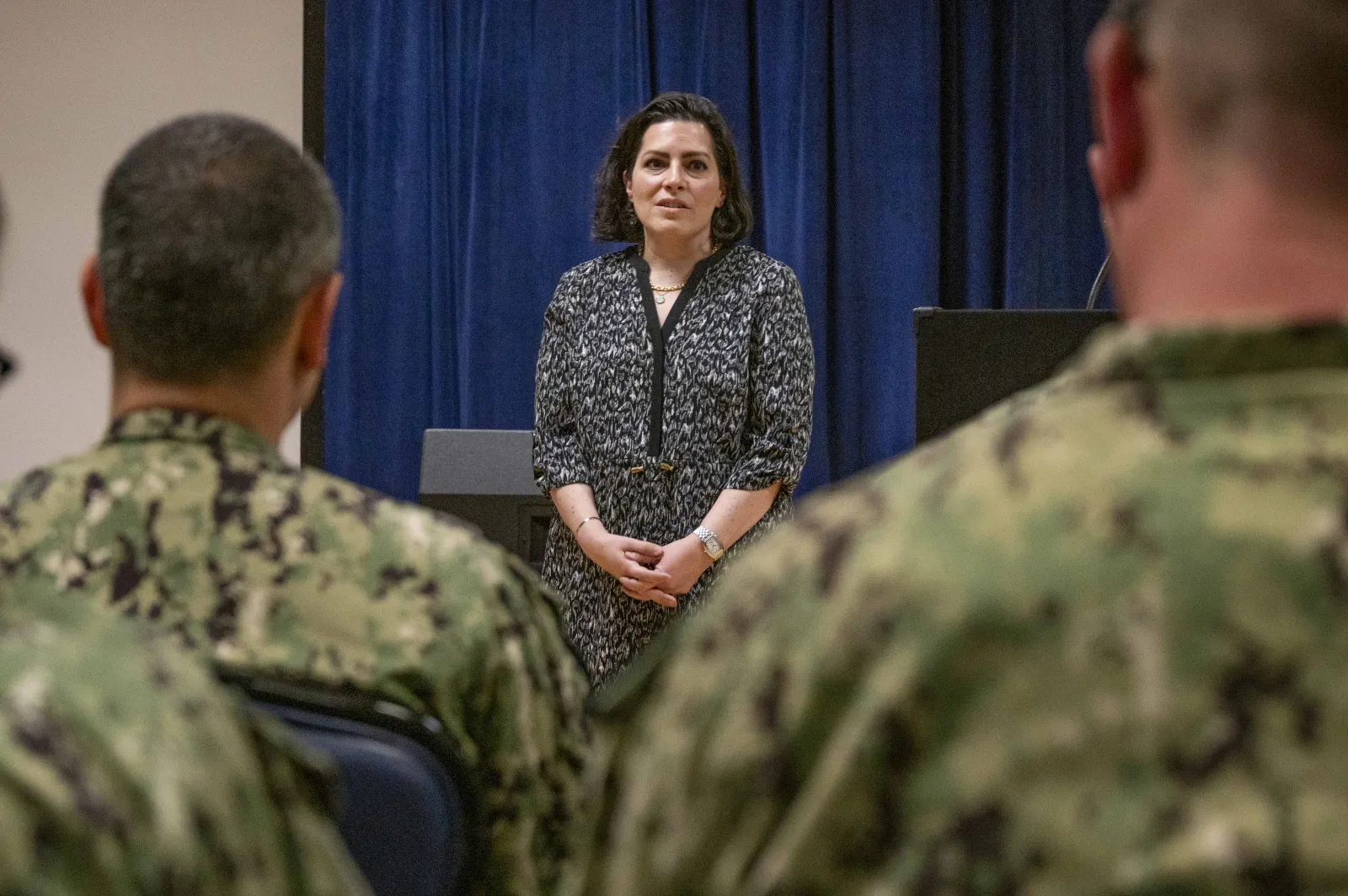 Anne Gebhards speaks to Nayv personnel and sailors.