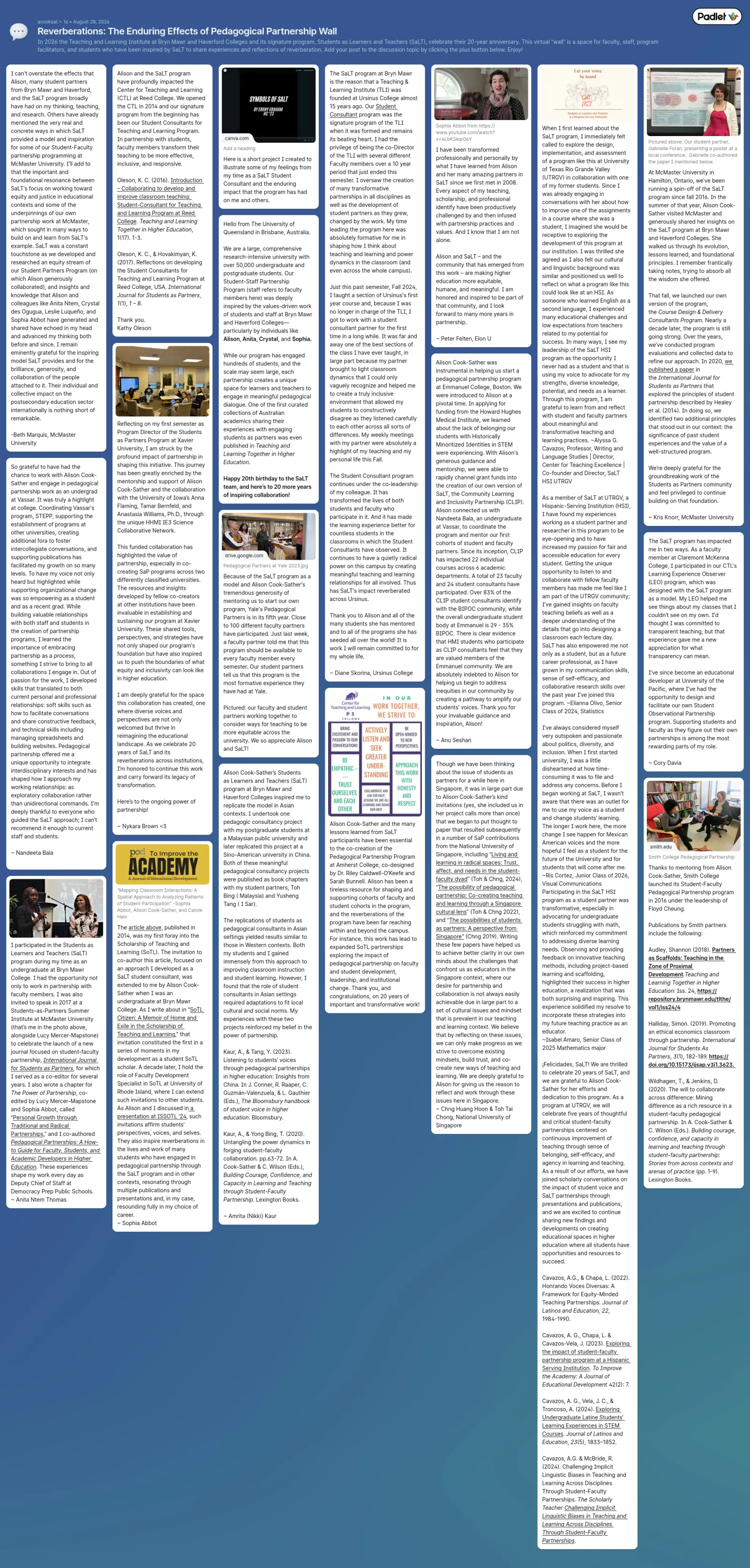 Padlet of Contributions for SaLT 20th Anniversary