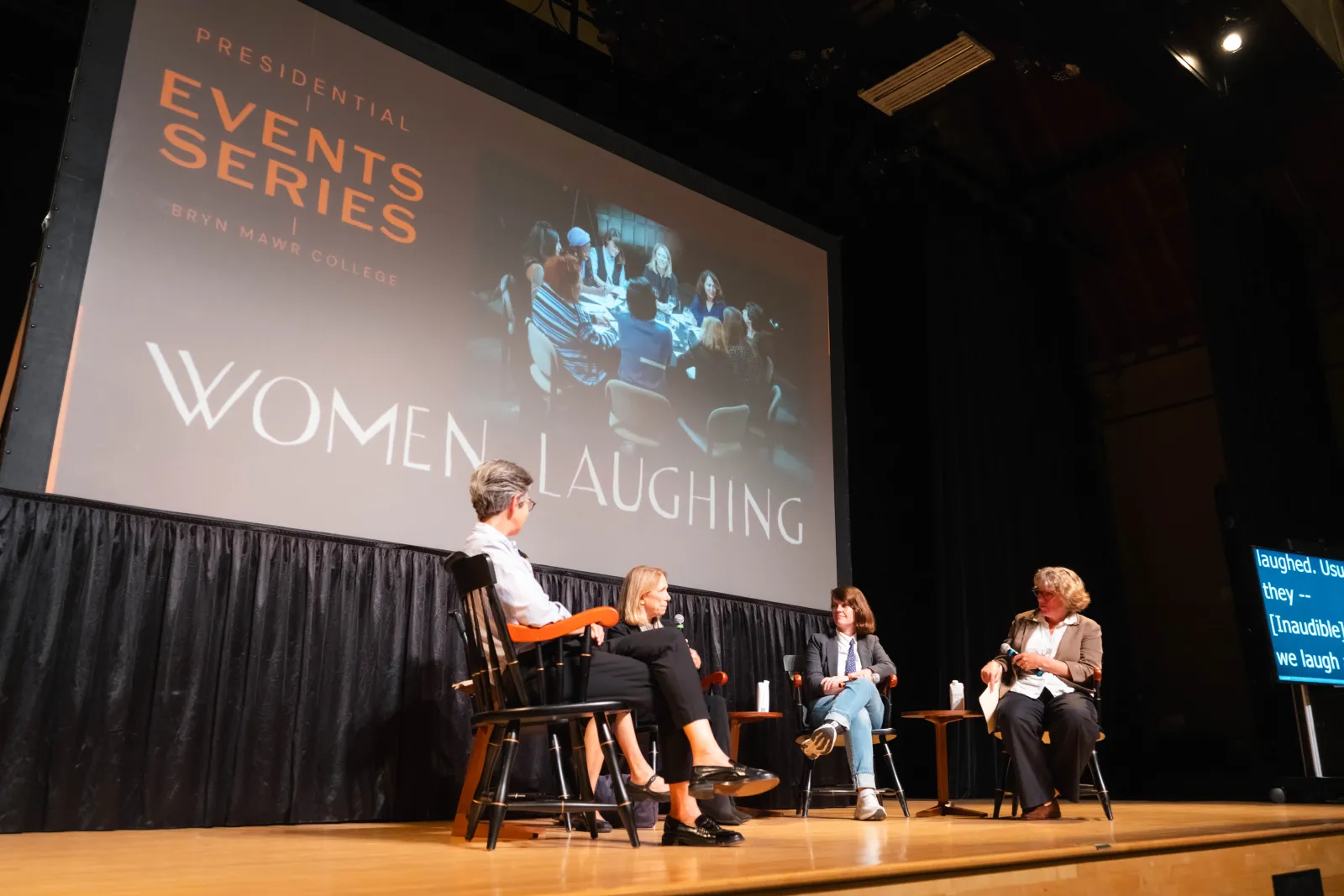 The Women Laughing panel on stage at Goodhart. Photo by Alyson Bostrom ’28.