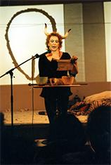 Carolee Schneemann in “Vulva’s School,” 1997, Performance Festival, Odense, Denmark.…