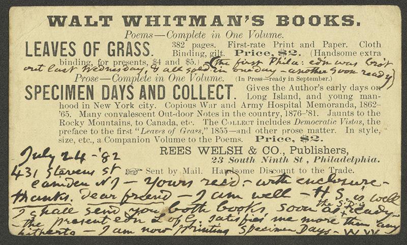 Postcard advertisement of Whitman works, annotated by Whitman, 1882, Bryn Mawr College Special…
