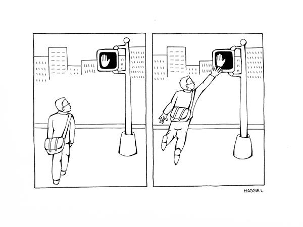 Cartoon of man high-fiving crosswalk sign