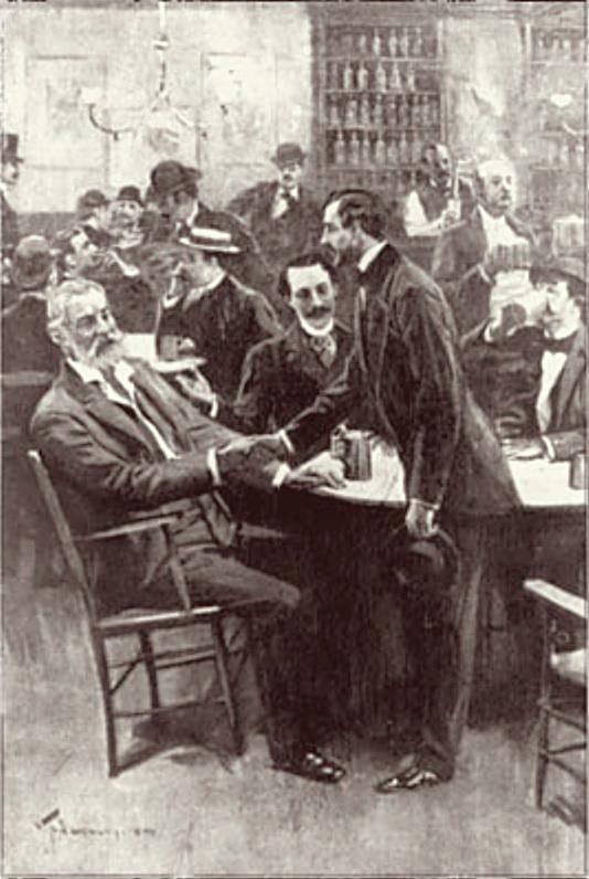 Walt Whitman at Pfaff's (seated), 1857, artist unknown, source: Wikimedia Commons