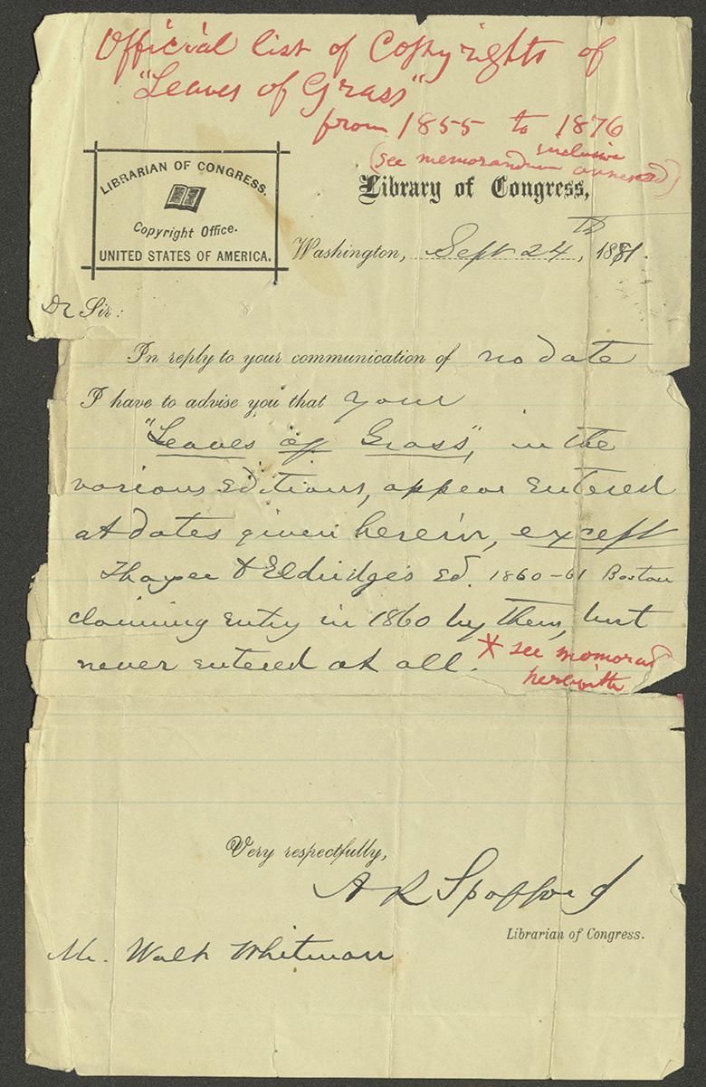 Spoffard letter to Whitman on copyrights of 'Leaves of Grass', 1881, Bryn Mawr College Special…