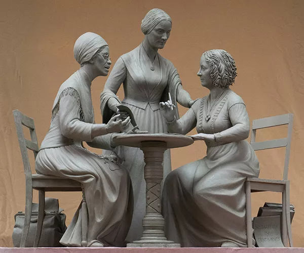 A rendering of the monument honoring three women’s rights pioneers — Sojourner Truth, Susan B.…