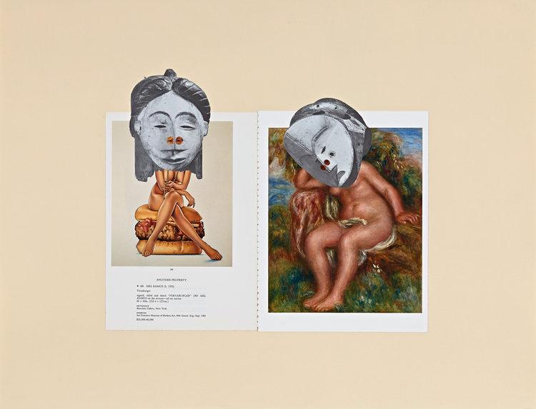 Collage diptych of art catalogue's page spread, pasting African masks over the faces of painted nude…