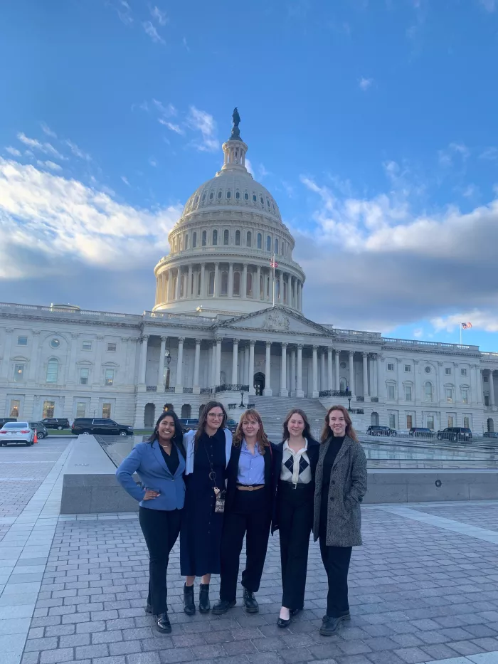 Taken at a BMC-funded trip to DC for a public policy seminar, with fellow alumna (from left) Jaya (St. Johns U) Rachael, Zoe, (Me), and Holly (All BMC).&nbsp;