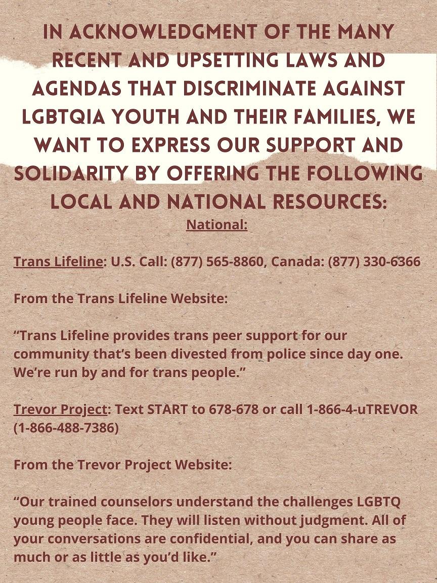 LGBTQIA Support Statement and Resources