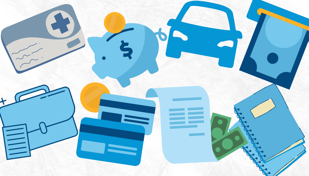 image of health insurance card, piggy bank, car, money, briefcase, credit cards, coins, contract and books. All items represent what it means to become an adult